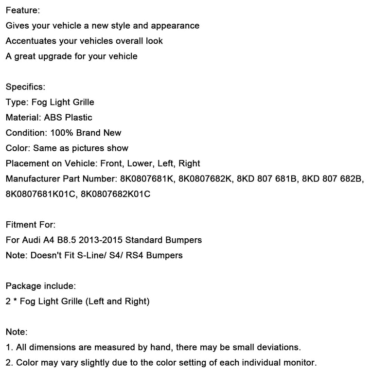 2013–2015 Audi A4 B8.5 Honeycomb -tyyliset sumuvalot peittää vakiopuskurin