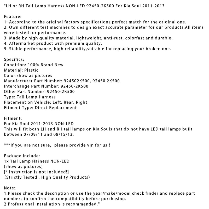 2011–2013 Kia Soul, linker oder rechter Rückleuchtenkabelbaum, ohne LED, 92450-2K500