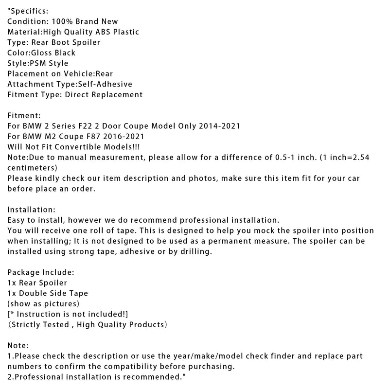 2016–2021 BMW M2 Coupé F87, glänzend schwarzer Heckspoiler