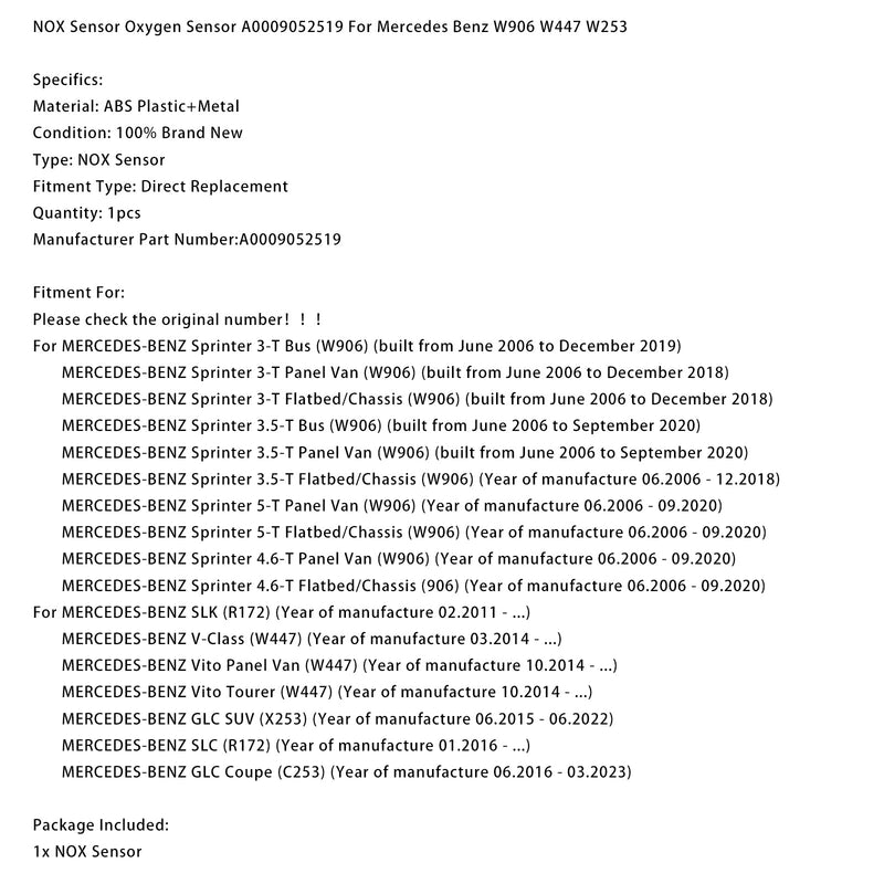 06.2015–06.2022 MERCEDES-BENZ GLC SUV (X253) NOX-Sensor Sauerstoffsensor A0009052519