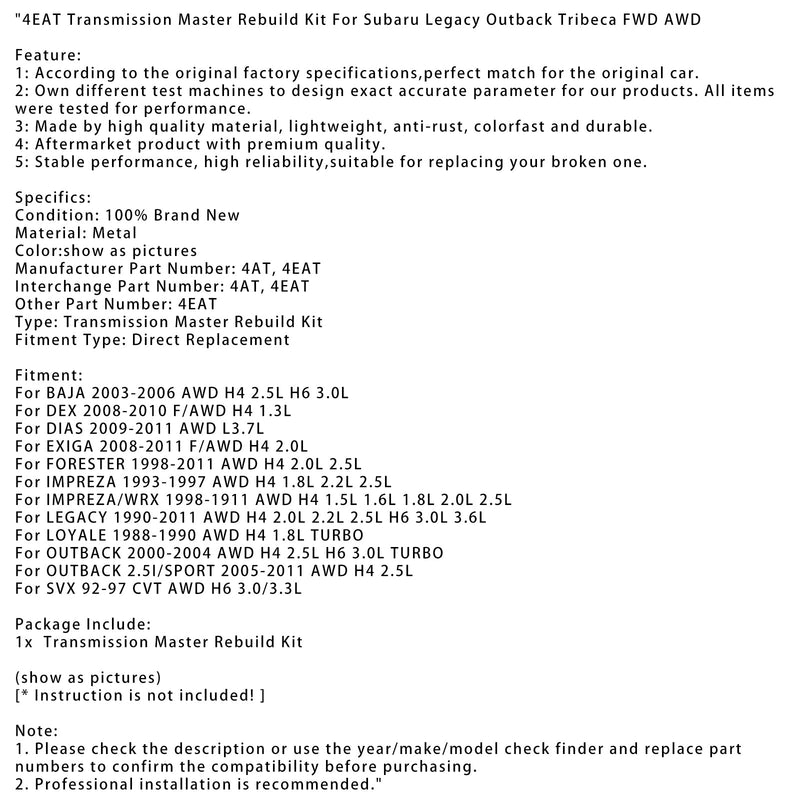 1988-1990 Sada pro přestavbu převodovky LOYALE AWD H4 1,8L TURBO 4EAT