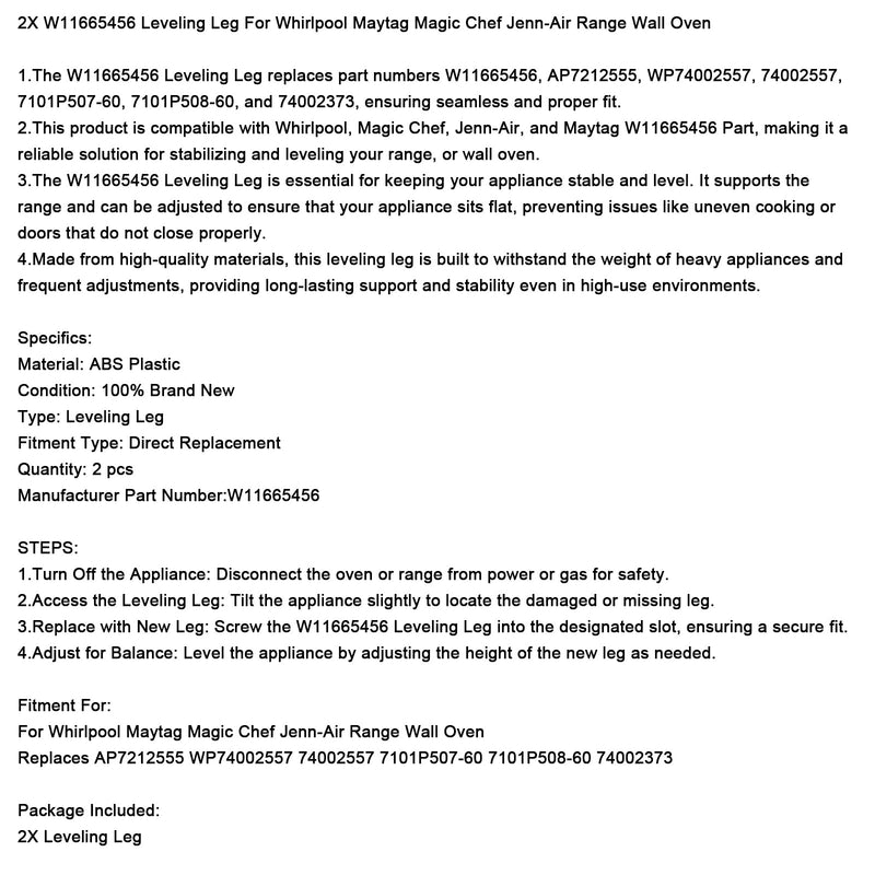 2X W11665456 Nivellierbein für Maytag Chef Jenn-Air Range Wandofen