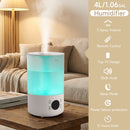 Nawilżacz Cool Mist 4L do sypialni, pokoju dziecięcego & Rośliny, cichy, z dyszami 360°, automatycznym wyłączaniem i światłem zmieniającym kolor.