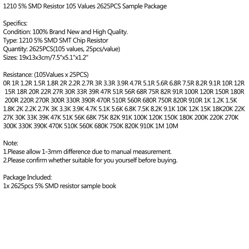 2625 Uds 1210 5% SMD Chip SMT resistencia 105 Valores libro de muestra YAGEO Kits de bricolaje