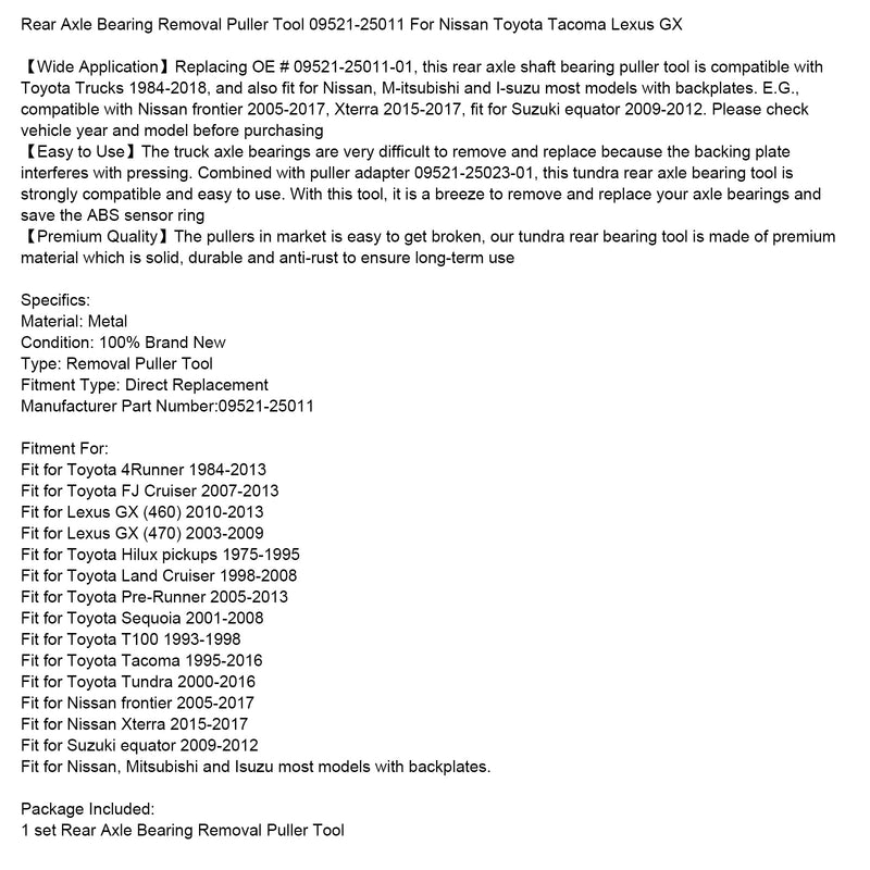 1998-2008 Toyota Land Cruiser Rear Axle Bearing Removal Puller Tool 09521-25011