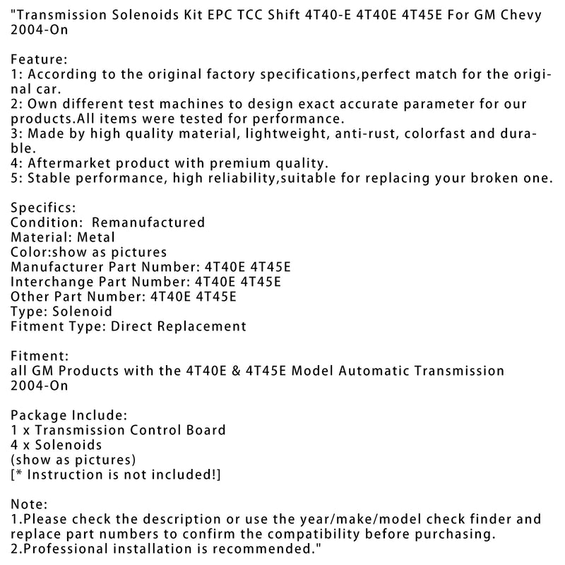 2004-On GM Chevy Zestaw elektromagnetyczny skrzyni biegów EPC TCC Shift 4T40-E 4T40E 4T45E