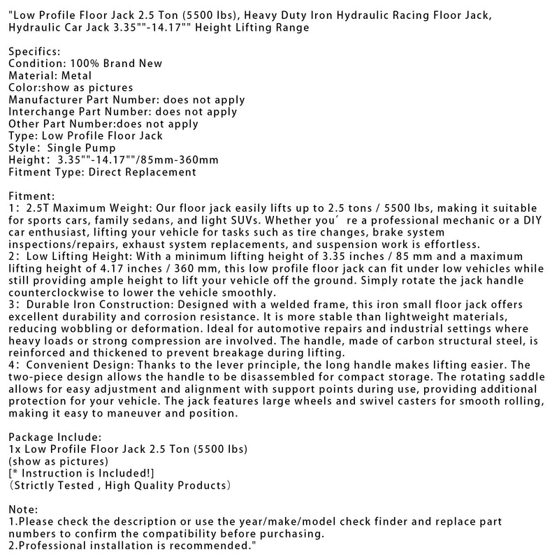 Niedriger Wagenheber, 2,5 Tonnen (5500 lbs), 3,35""-14,17"" Höhenhubbereich