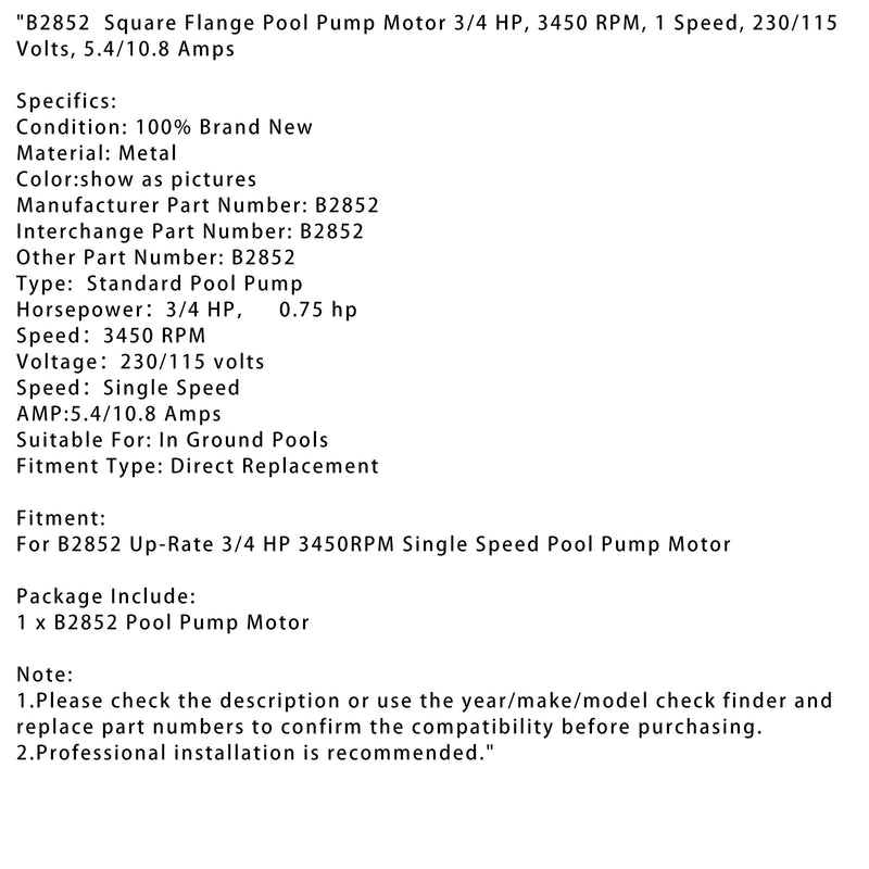 B2852 Kwadratowy silnik pompy wlotowej, 3/4 KM, 3450 obr/min