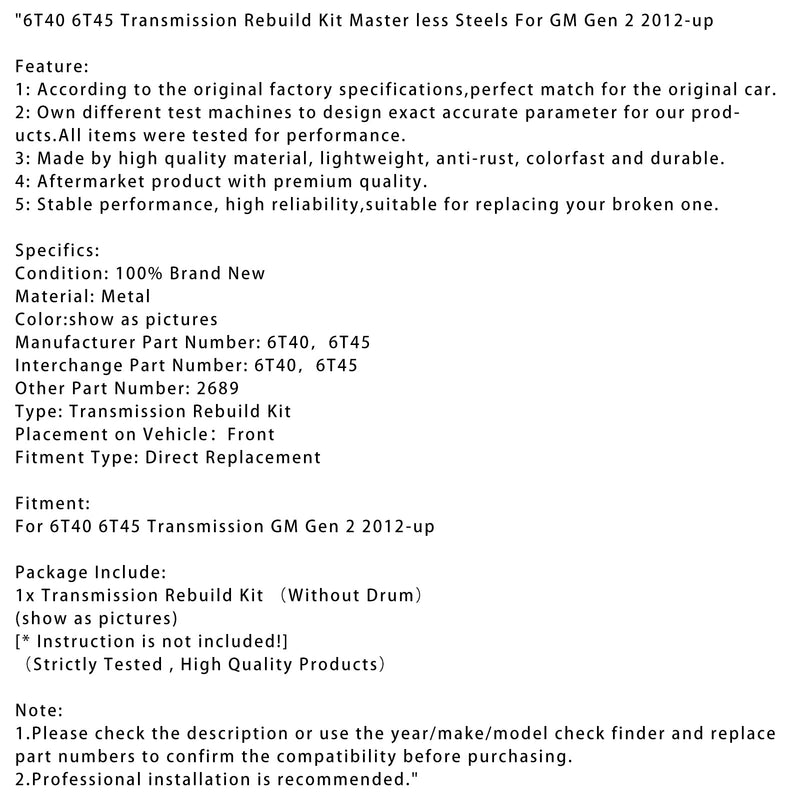 2012-up GM Gen 2 Getriebe-Umbausatz Master ohne Stahl 6T40 6T45