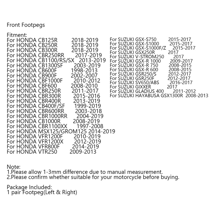 Fotstøtter foran for SUZUKI V-STROM 250 GSX-R 600 750 1000 SV650 GSX250R