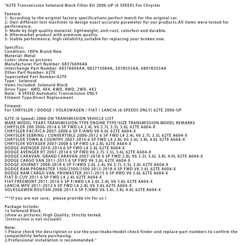2007–2014 DODGE AVENGER RT 6 SP FWD V6 2,7 l 3,5 l 3,6 l 62TE A604-X Getriebe-Magnetblock 68376696AA