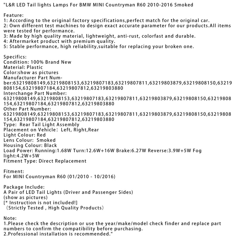 L&amp;R LED Rückleuchten Lampen Für BMW MINI Countryman R60 2010-2016 Geräuchert