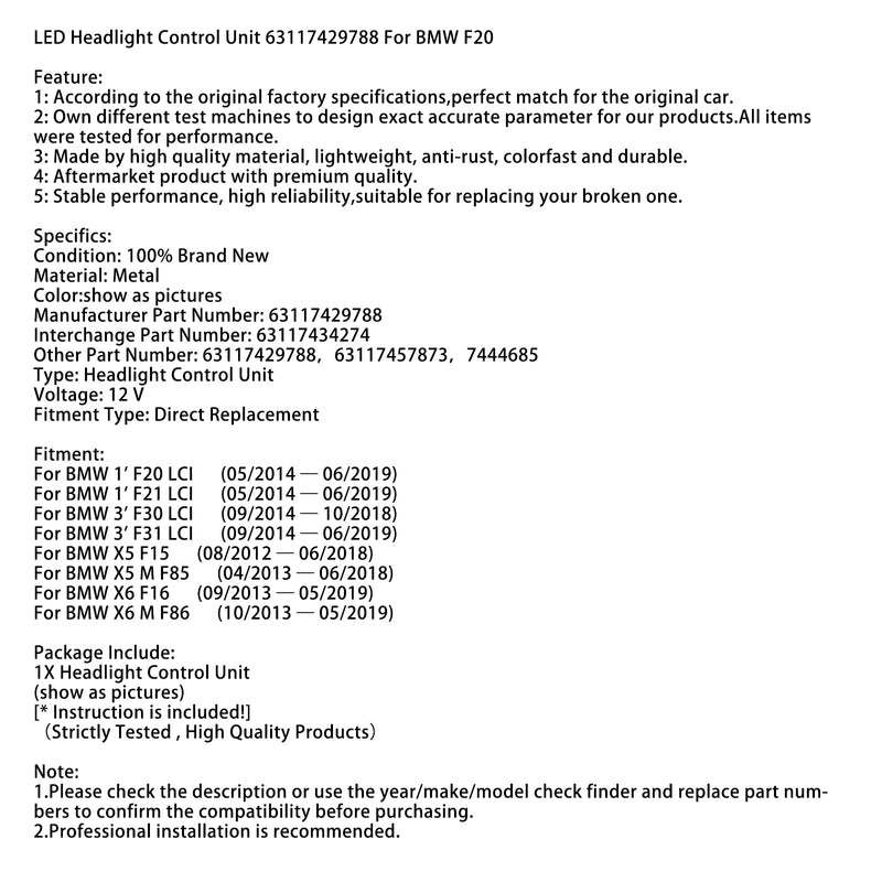 05/2014-06/2019 BMW 1' F20 LCI LED Headlight Control Unit 63117429788