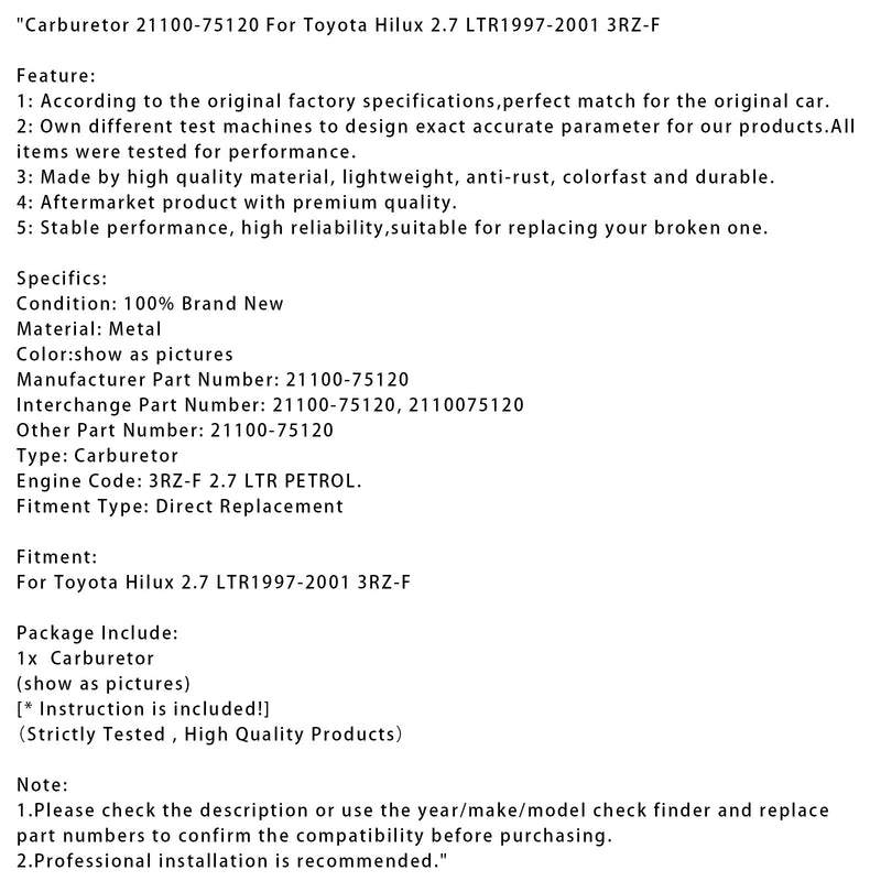 1997-2001 Toyota Hilux 2.7 Vergaser 21100-75120 LTR 3RZ-F