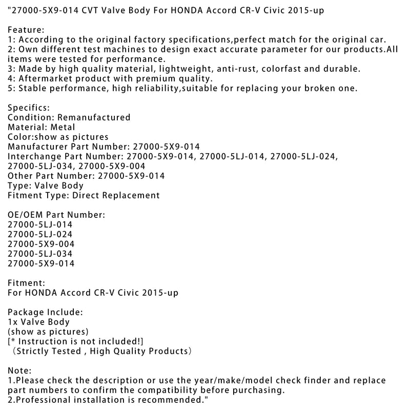 2015-up HONDA Accord CR-V Civic CVT-Ventilkörper 27000-5X9-014