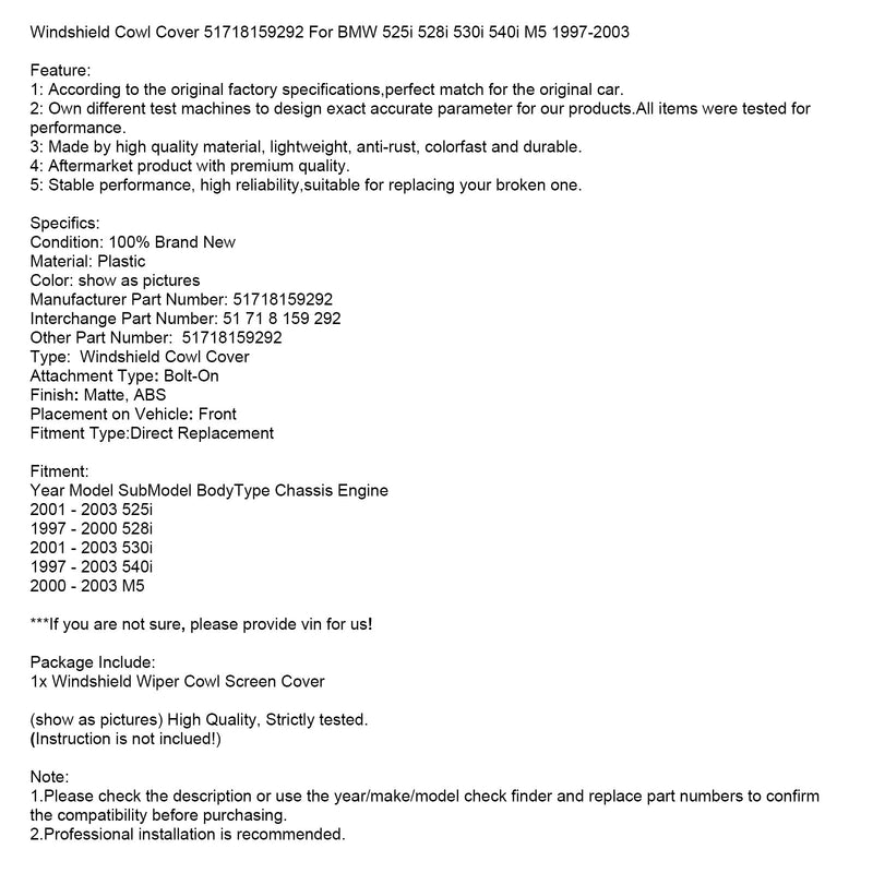 1997-2000 BMW 528i Chassis Motor Windschutzscheibe Abdeckung 51718159292