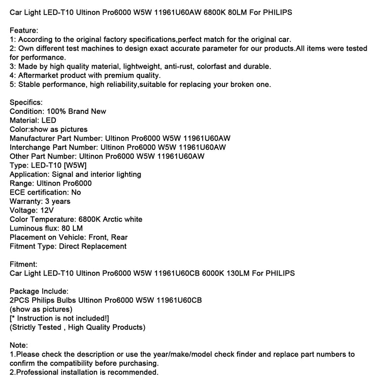 Auto Licht LED-T10 Ultinon Pro6000 W5W 11961U60AW 6800K 80LM Für PHILIPS