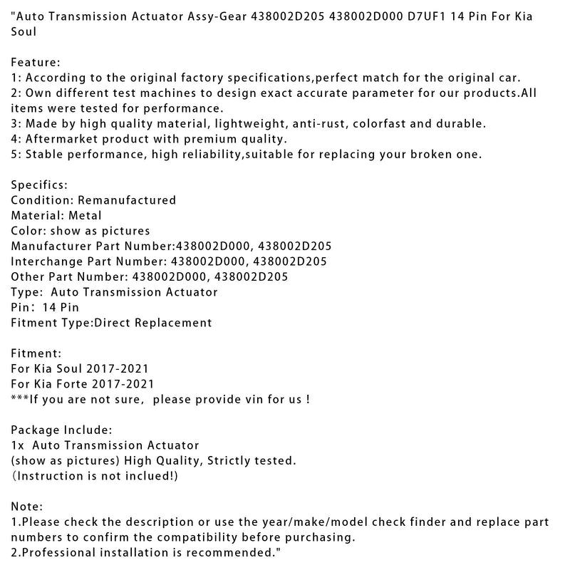 2017–2021 Kia Forte Automatikgetriebe-Stellantrieb Assy-Gear D7UF1 14 Pin 438002D205 438002D000