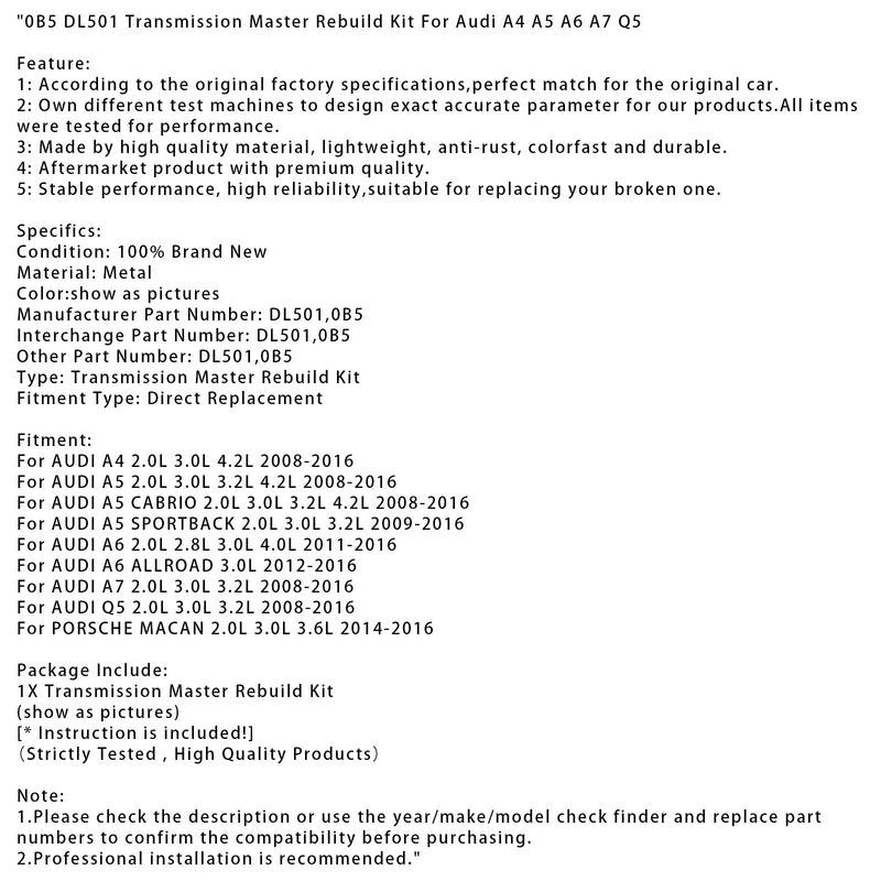 2011–2016 AUDI A6 2.0L 2.8L 3.0L 4.0L 0B5 DL501 Getriebe-Reparatursatz