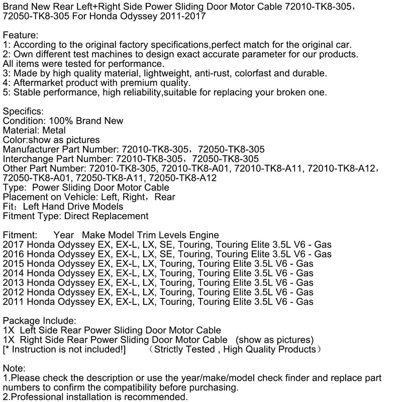 2011–2017 Honda Odyssey Brandneues hinteres linkes + rechtes Seitenstrom-Schiebetür-Motorkabel