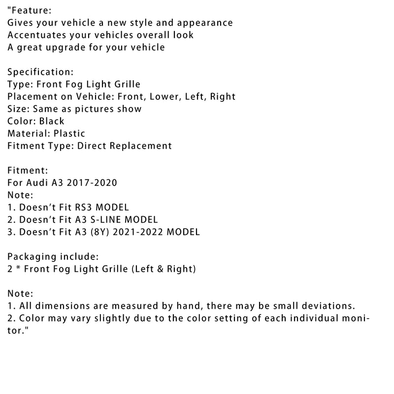 2017-2020 Audi A3 foran støtfanger Grill Tåkelys Deksel Lampe Ramme Trim Fit