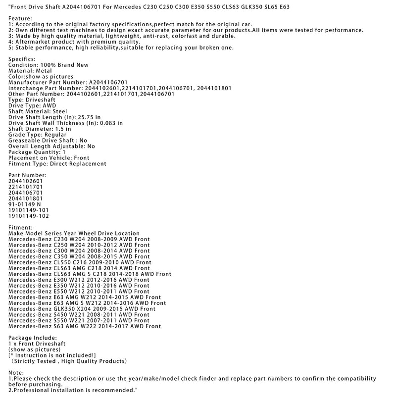 Mercedes-Benz C250 z lat 2010-2012 W204 AWD Przedni wał napędowy A2044106701 2044102601