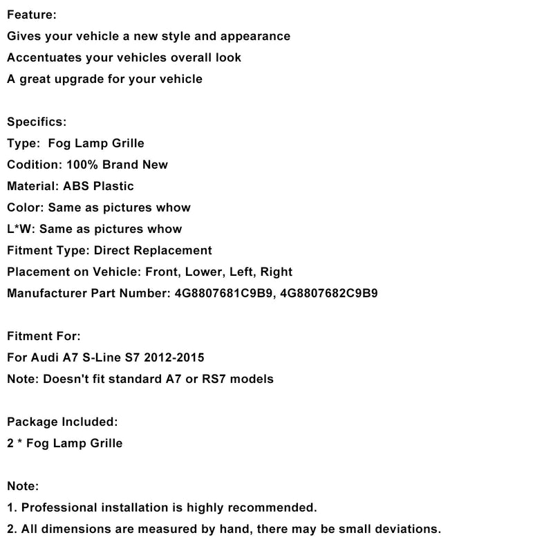 2012–2015 Audi A7 S-Line S7 schwarz Frontstoßstange Nebelscheinwerfer Kühlergrill Abdeckung Blende