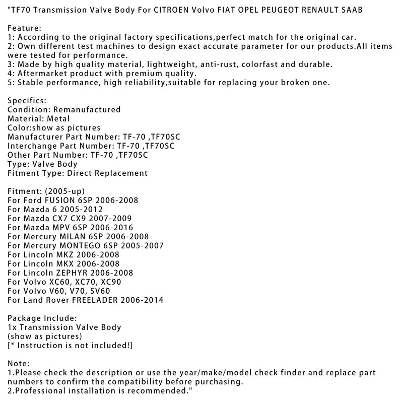 2006-2008 Ford FUSION 6SP TF70 transmissionsventilhus TF70SC