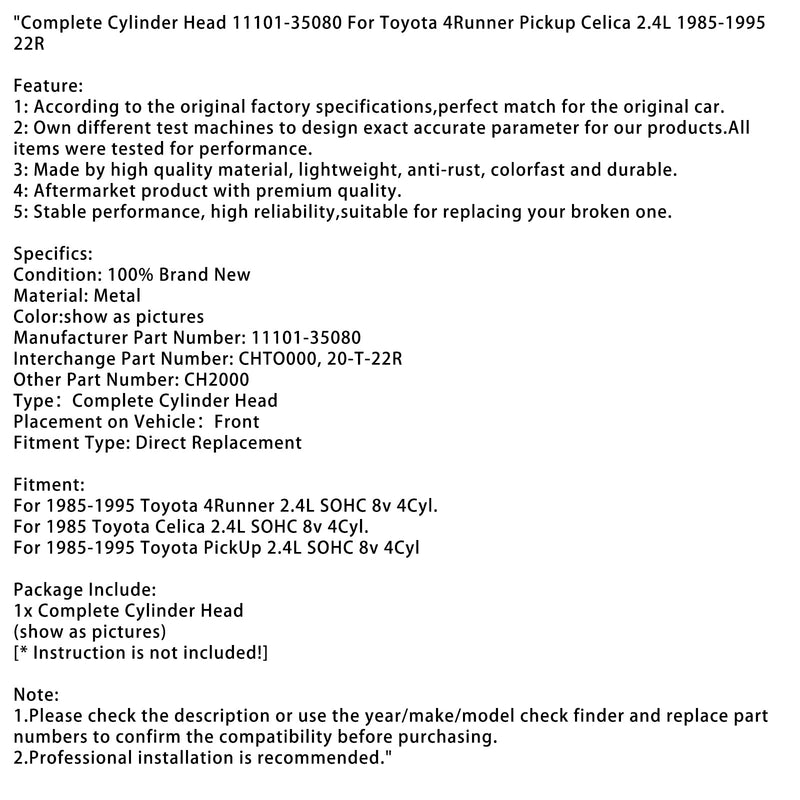 Komplett cylinderhuvud till Toyota 4Runner Pickup Celica 2.4L 1985-1995 22R