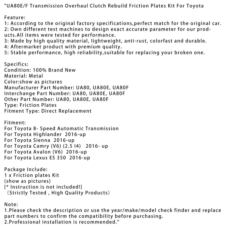 UA80E/F Übertragung Überholung Kupplung Rebuild Reibung Platten Kit Für Toyota