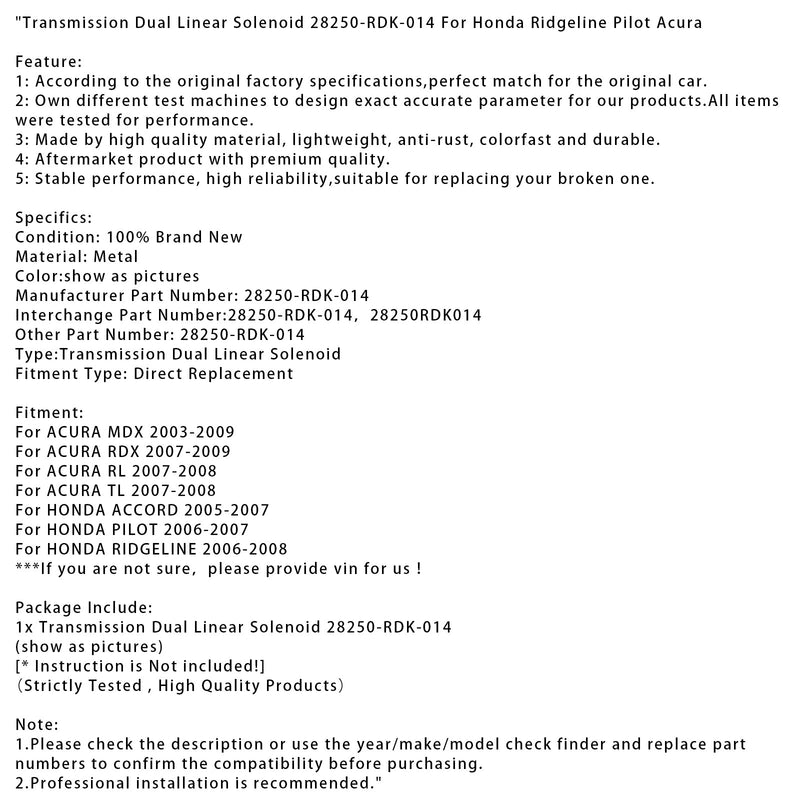 Doppeltes Linearmagnetventil für ACURA TL-Getriebe (2007–2008) 28250-RDK-014 014 28250RDK014