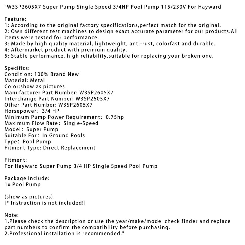 W3SP2605X7 Superpumpe, Einzelgeschwindigkeit, 3/4 PS, Poolpumpe, 115/230 V, für Hayward