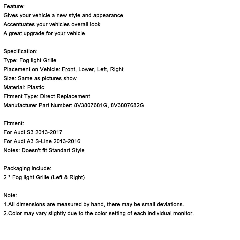 2013–2016 Audi A3 S3 S3 S-line přední dolní nárazníková mlhová světla pokrývají chladicí mřížku