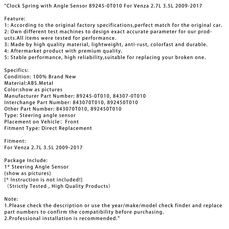 2009–2017 Venza 2,7 L 3,5 L, vaipan sulka kulma-anturilla 89245-0T010