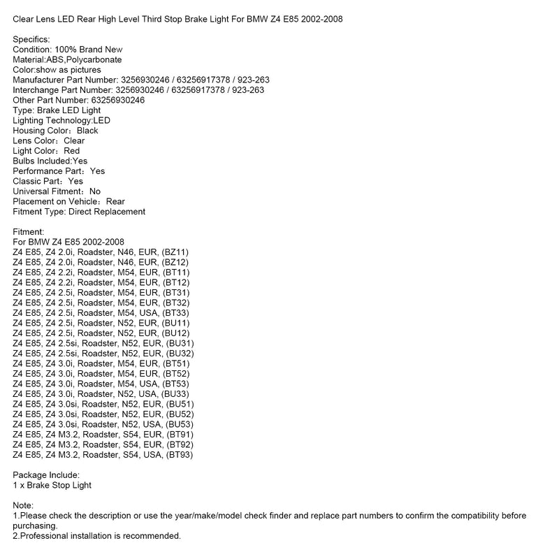 Klare Linse LED hinten hochrangige dritte Bremsleuchte für BMW Z4 E85 2002-2008