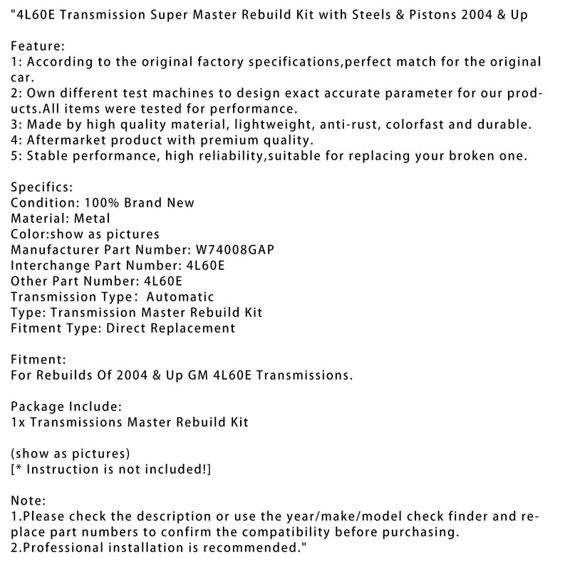 2004 a vyšší GM 4L60E sada pro přestavbu převodovky Super Master s ocelí a písty