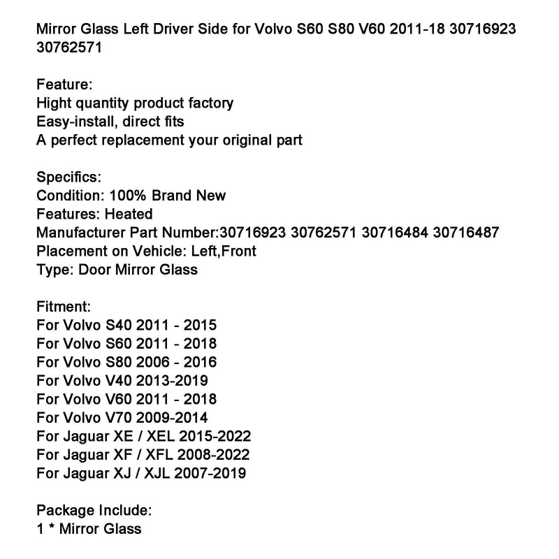 Speilglass venstre førerside for Volvo S60 S80 V60 2011-18 30716923 30762571