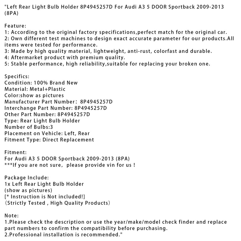 2009–2013 Audi A3 5 Türer Sportback Links Rücklicht Lampenfassung 8P4945257D