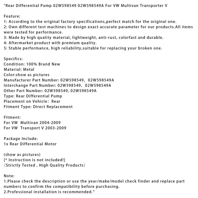 2003-2009 VW Transport V Hinterachsdifferenzialpumpe 02W598549 02W598549A