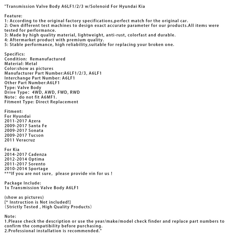 2011–2017 Kia Sorento Getriebeventilkörper A6LF1/2/3 mit Magnetspule