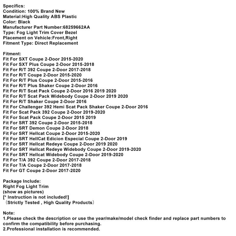 Nebelscheinwerferverkleidung vorne rechts für Dodge Challenger 2015-2021 68259662AA