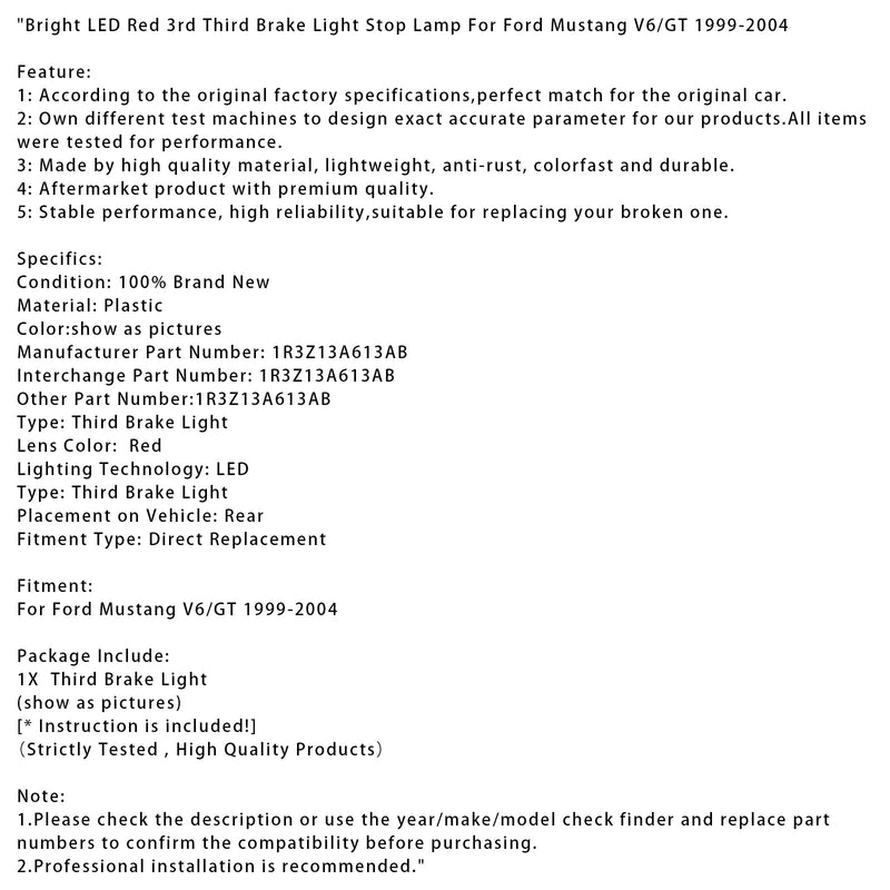 1999–2004 Ford Mustang V6/GT Helle LED rot 3. dritte Bremsleuchte Stop Lampe