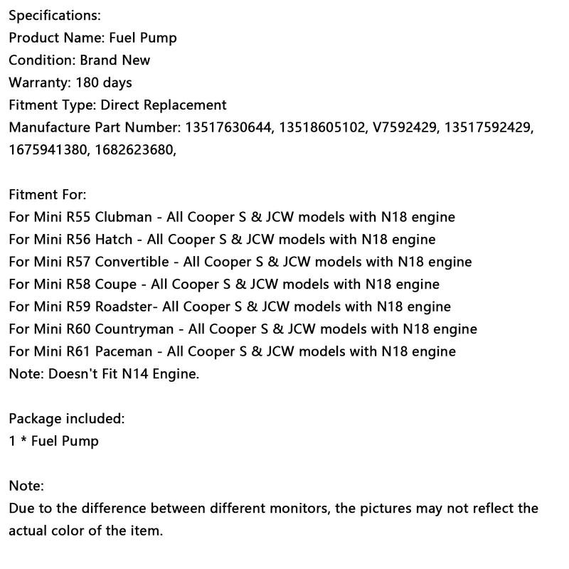 Mini R60 Countryman-All Cooper S og JCW-modeller med N18-motor, høytrykks drivstoffpumpe 13517592429