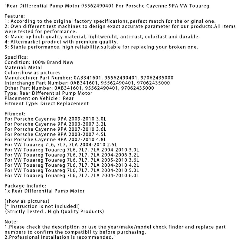 2007-2010 Porsche Cayenne 9PA 3.6L Rear Differential Pump Motor 95562490401