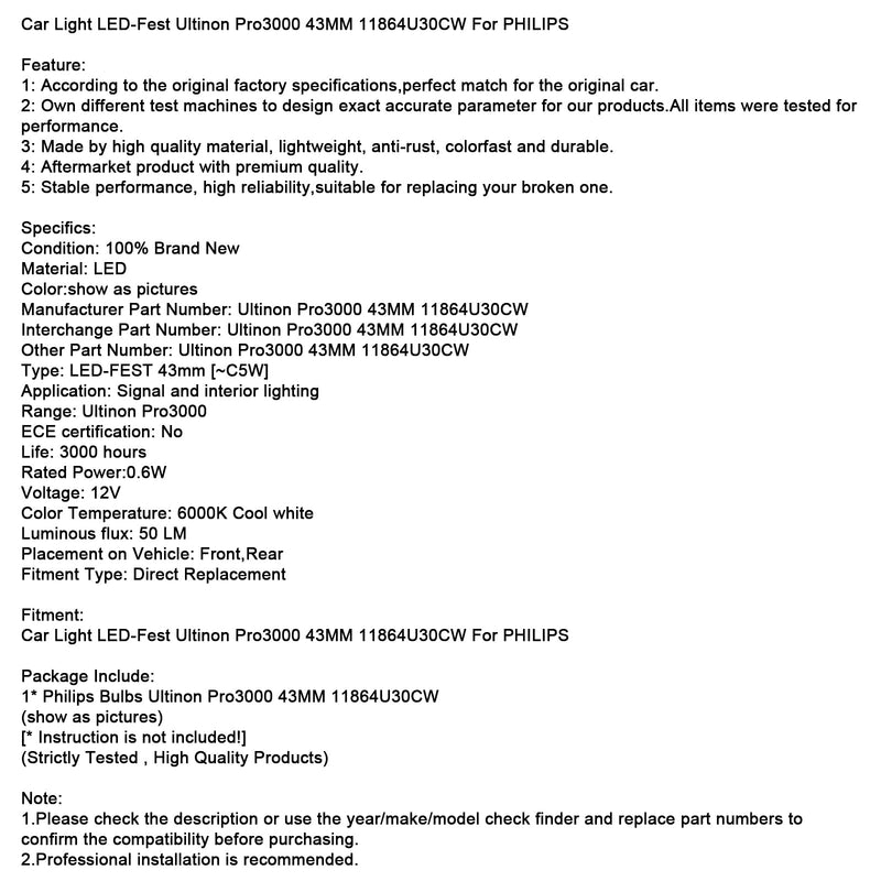Auto Licht LED-Fest Ultinon Pro3000 43MM 11864U30CW Für PHILIPS