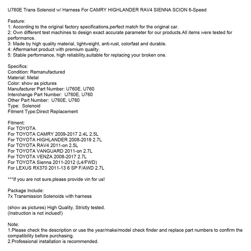 2009-2017 TOYOTA CAMRY 2,4L 2,5L U760E Transsolenoid med 6-växlad ledningsnät