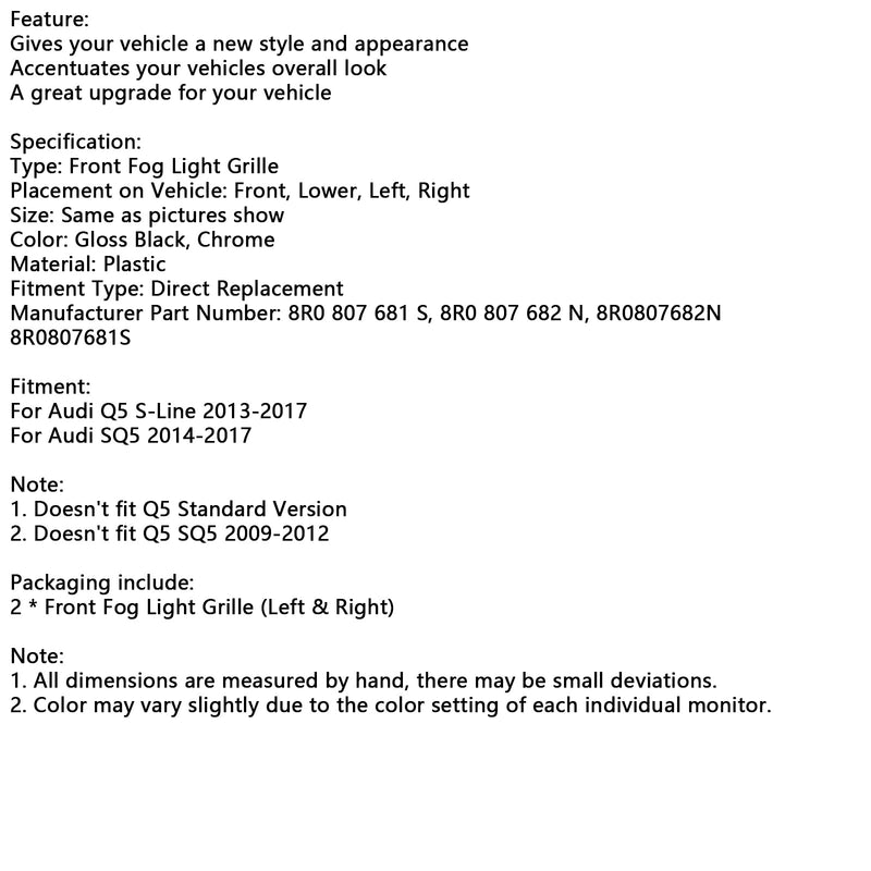 Etupuskurin sumuvalon säleikkö sopii Audi Q5 S-Line SQ5 2013-2017 musta kromi