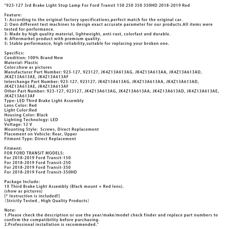 923-127 3. Bremslicht Bremsleuchte für Ford Transit 150 250 350 350HD 18-2019 Rot
