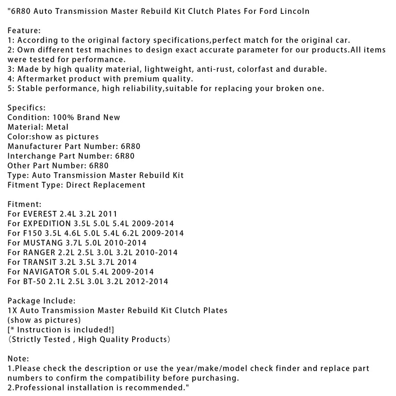 2010-2014 MUSTANG 3.7L 5.0L 6R80 Auto Transmission Master Rebuild Kit Clutch Plates