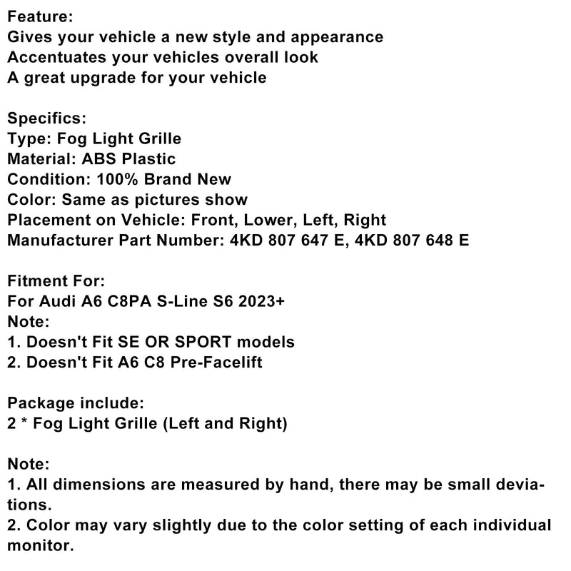 2023+ Audi A6 C8PA S-Line S6 2PCS Frontstoßstange Nebelscheinwerfer Kühlergrill Zierleiste Schwarz
